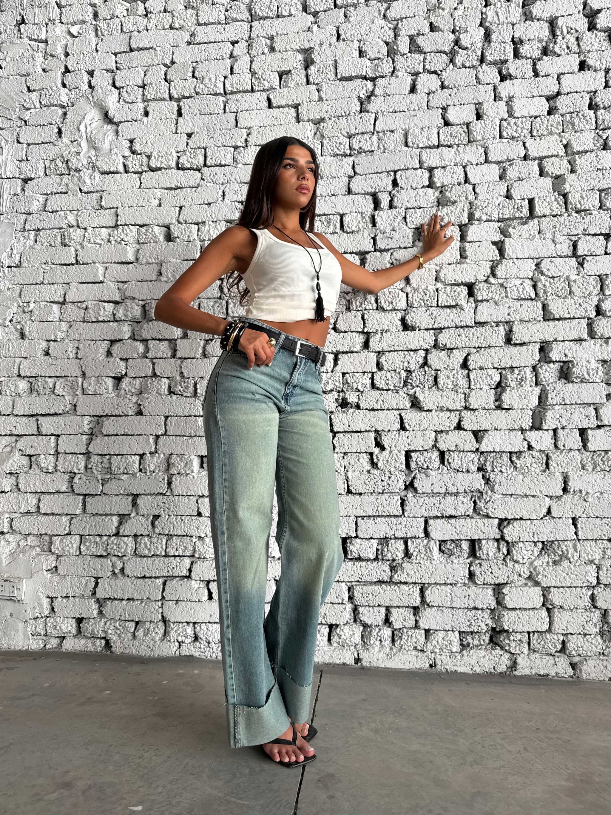 Wide Leg High Waist Raw Hem Turn-Up – Light Vintage Green Jeans Wide-leg CIZARO - Cizaro Jeans