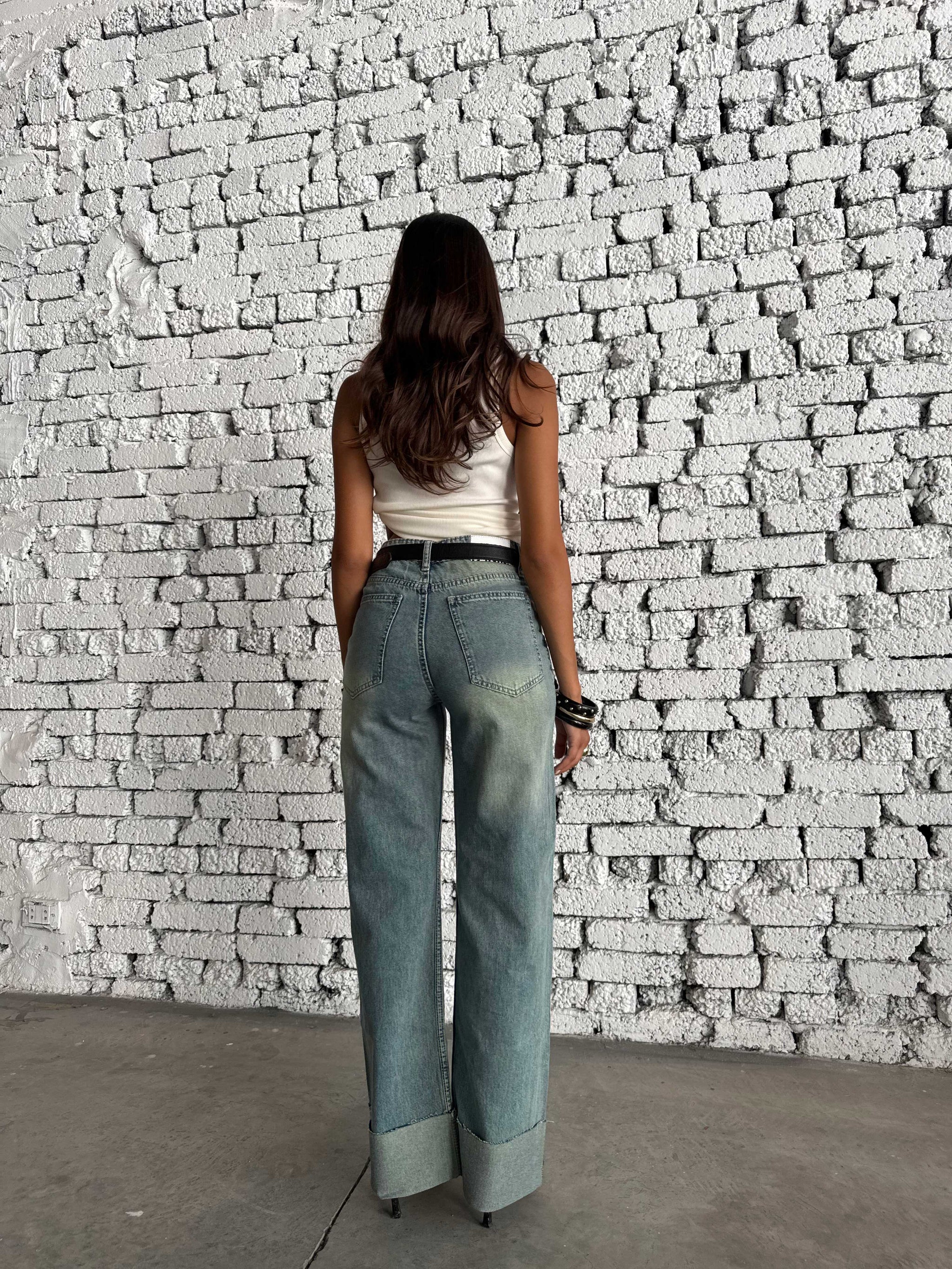 Wide Leg High Waist Raw Hem Turn-Up – Light Vintage Green Jeans Wide-leg CIZARO - Cizaro Jeans