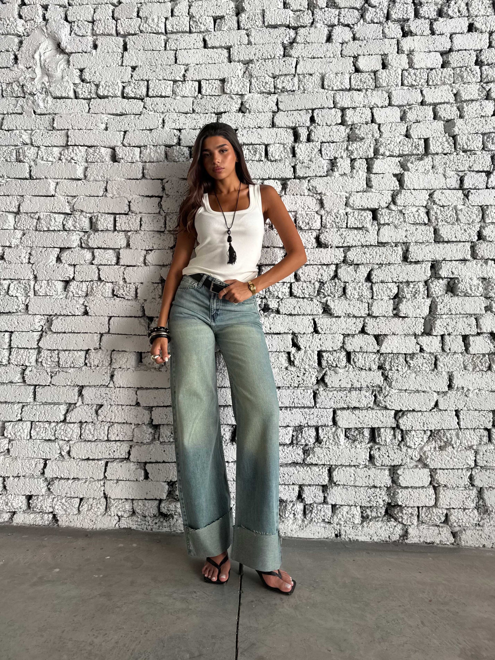 Wide Leg High Waist Raw Hem Turn-Up – Light Vintage Green Jeans Wide-leg CIZARO - Cizaro Jeans