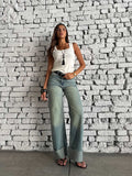 Wide Leg High Waist Raw Hem Turn-Up – Light Vintage Green Jeans Wide-leg CIZARO - Cizaro Jeans