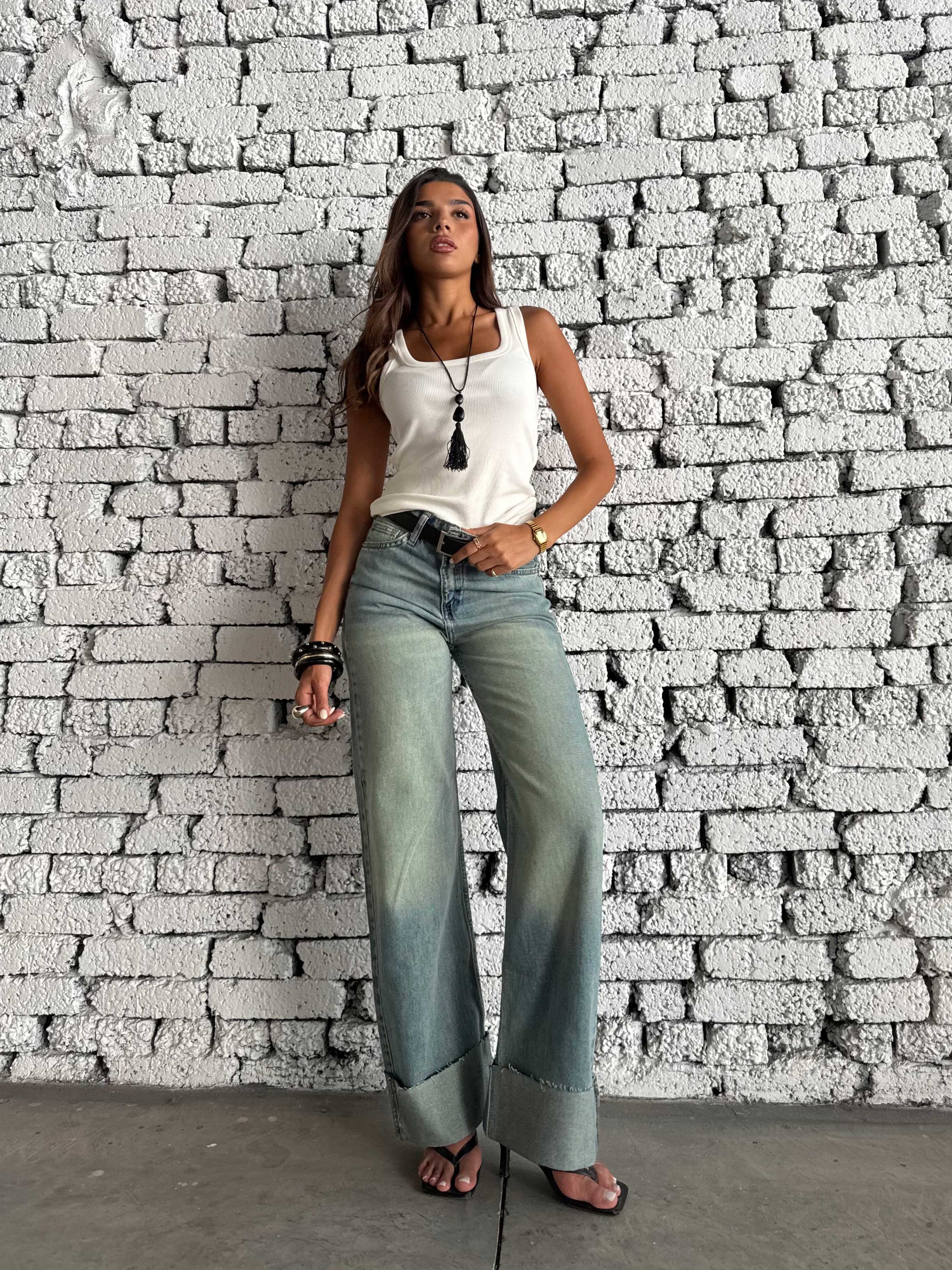 Wide Leg High Waist Raw Hem Turn-Up – Light Vintage Green Jeans Wide-leg CIZARO - Cizaro Jeans