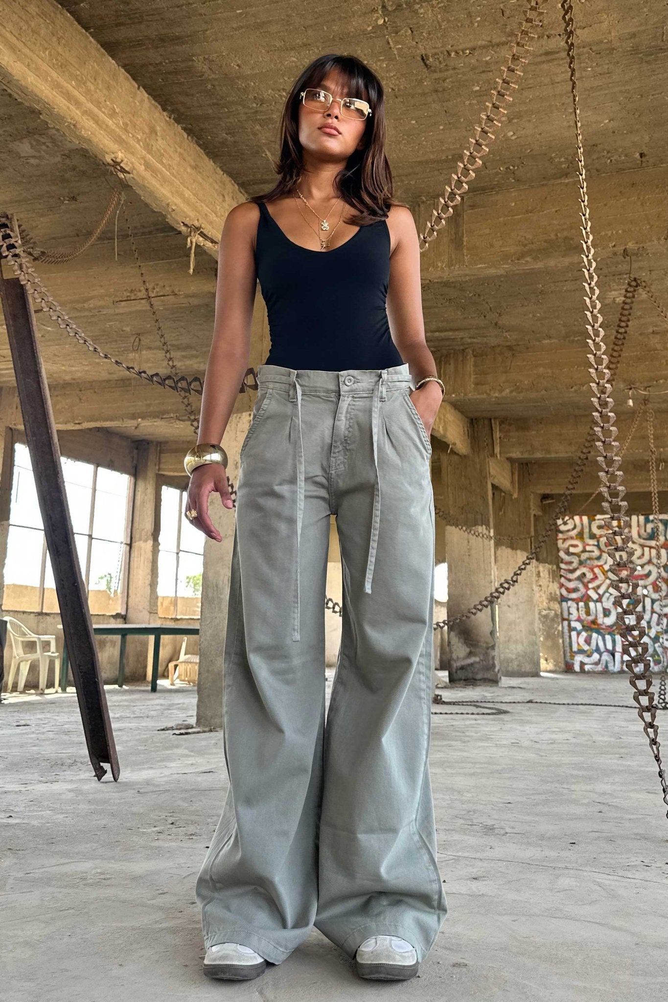 Wide Leg – Mid Rise Olive Jeans Wide-Leg CIZARO - Cizaro Jeans