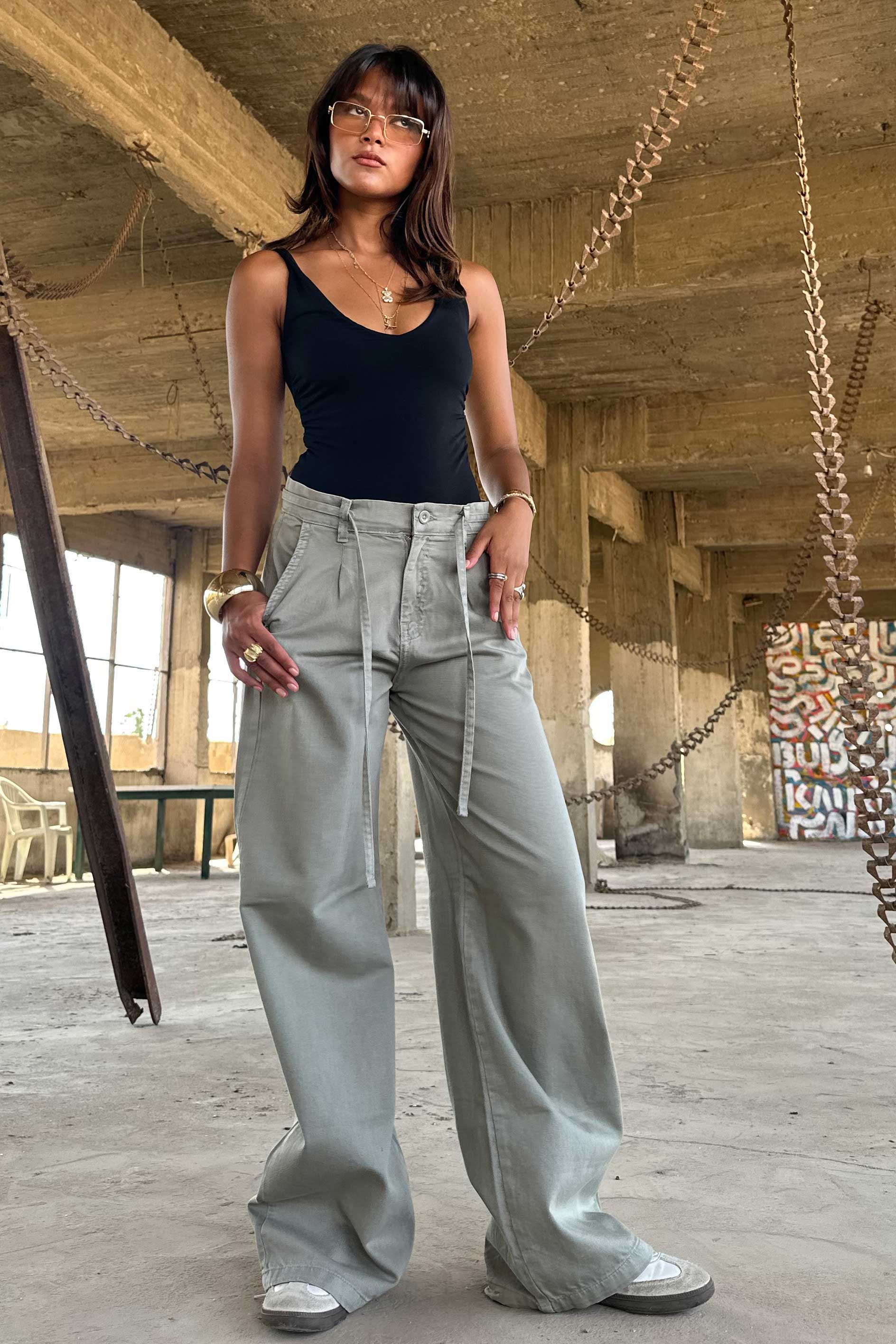 Wide Leg – Mid Rise Olive Jeans Wide-Leg CIZARO - Cizaro Jeans