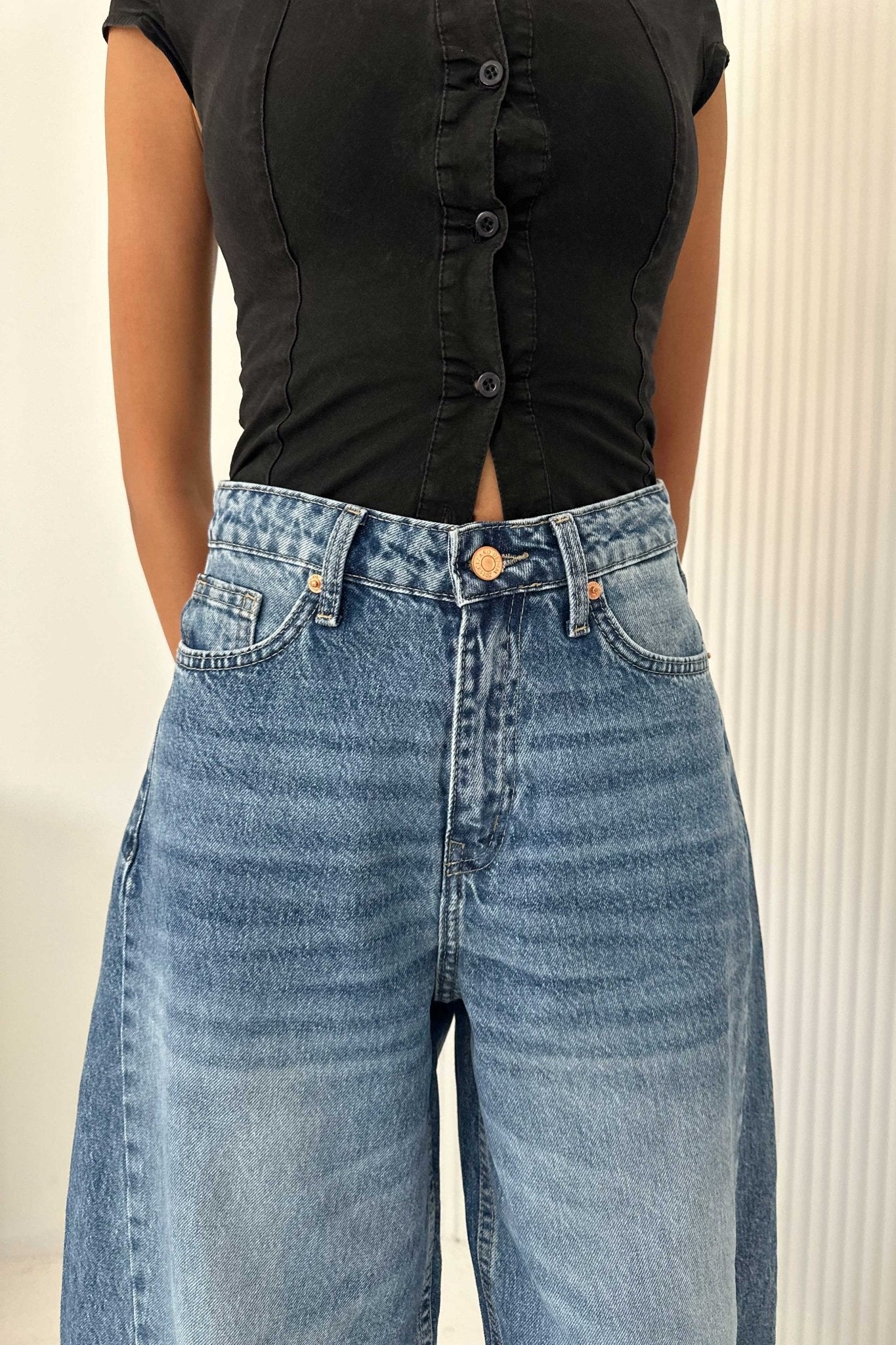 Extreme Wide-Leg - High-Waist Marine Blue Jeans Wide-Leg CIZARO - Cizaro Jeans
