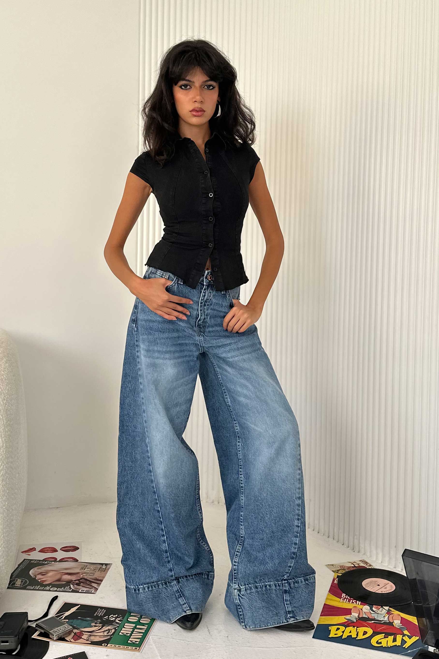 Extreme Wide-Leg - High-Waist Marine Blue Jeans Wide-Leg CIZARO - Cizaro Jeans