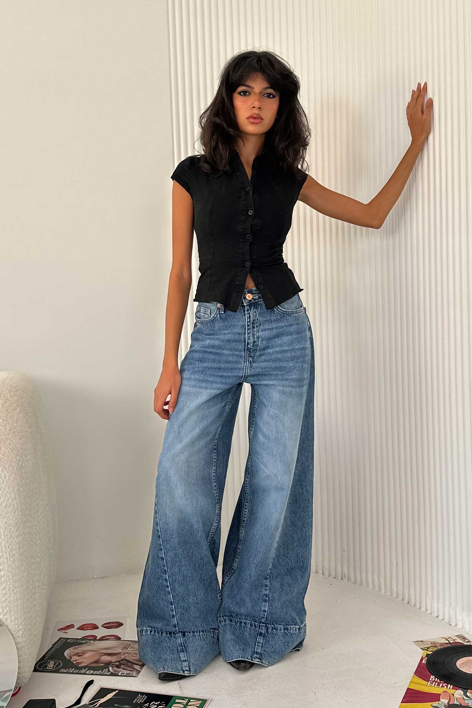Extreme Wide-Leg - High-Waist Marine Blue Jeans wide leg CIZARO - Cizaro Jeans