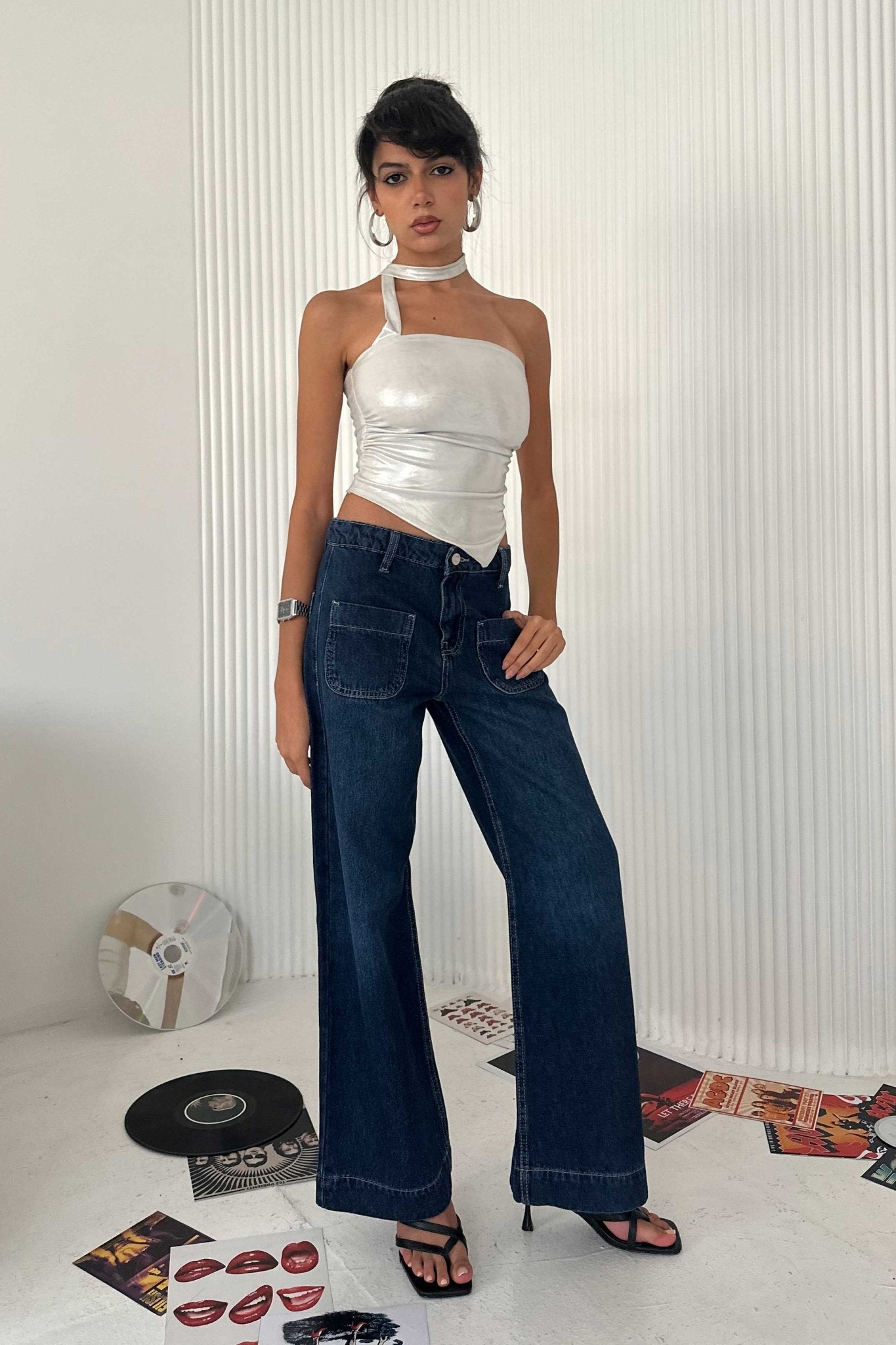 Wide Leg - Mid-Rise With Pockets Navy Blue Jeans wide leg CIZARO - Cizaro Jeans