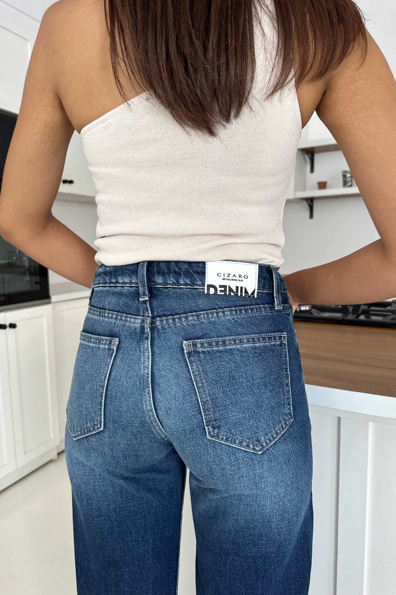 Wide Leg – Unfinished Hem Mid Rise Navy Blue Jeans Wide-Leg CIZARO - Cizaro Jeans