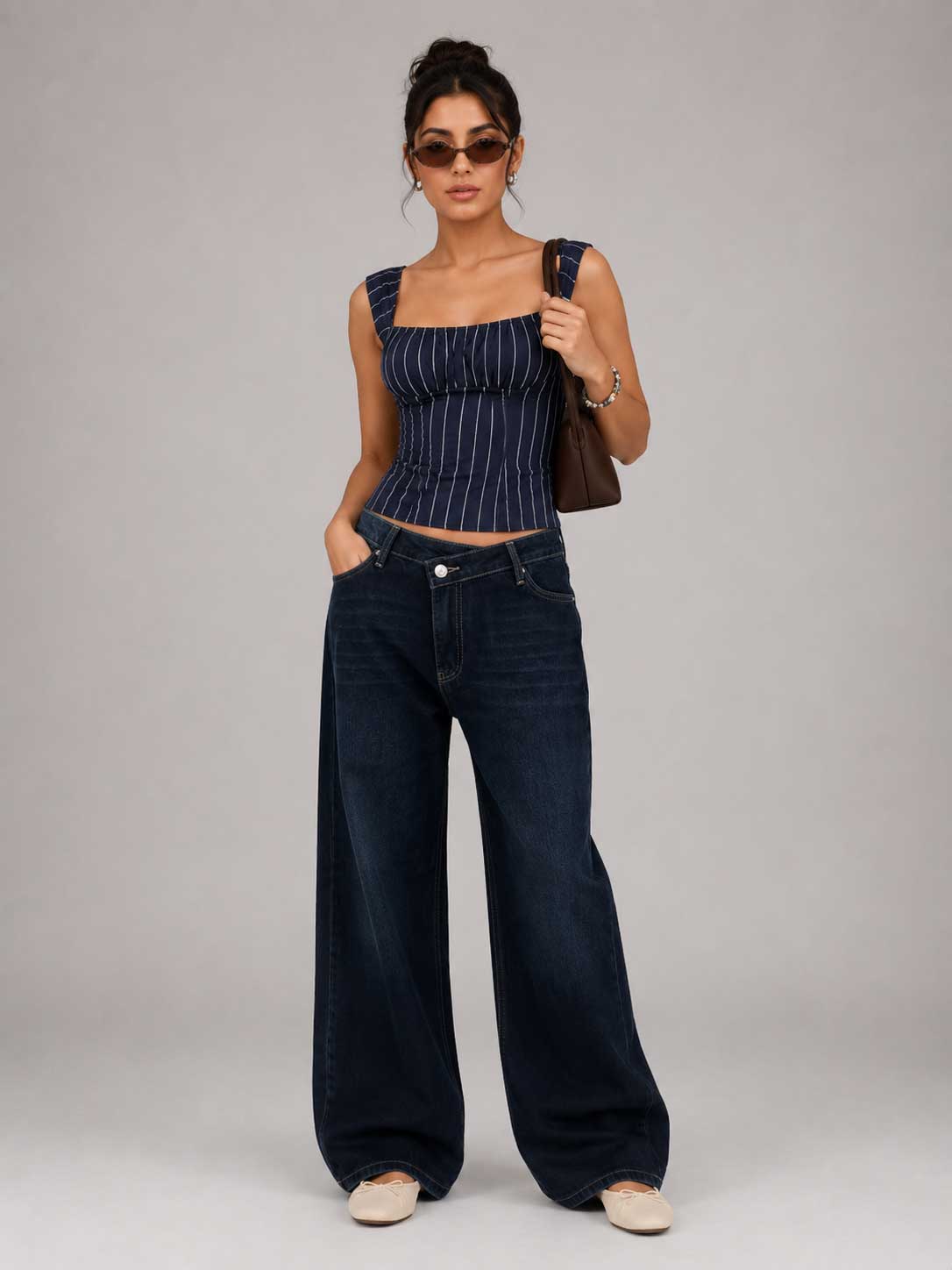 Crossover Wide Leg – High Waist Deep Ocean Blue Jeans Wide-leg CIZARO - Cizaro Jeans