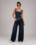 Crossover Wide Leg – High Waist Deep Ocean Blue Jeans Wide-leg CIZARO - Cizaro Jeans