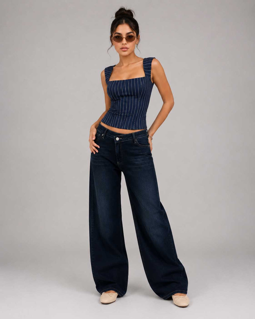 Crossover Wide Leg – High Waist Deep Ocean Blue Jeans Wide-leg CIZARO - Cizaro Jeans