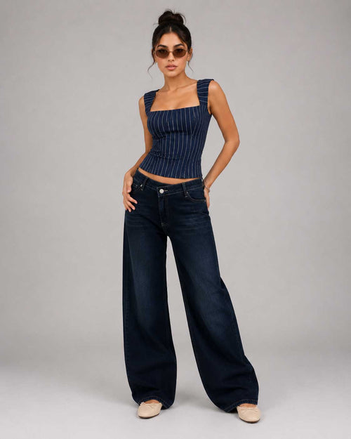 Crossover Wide Leg – High Waist Deep Ocean Blue Jeans Wide-leg CIZARO - Cizaro Jeans
