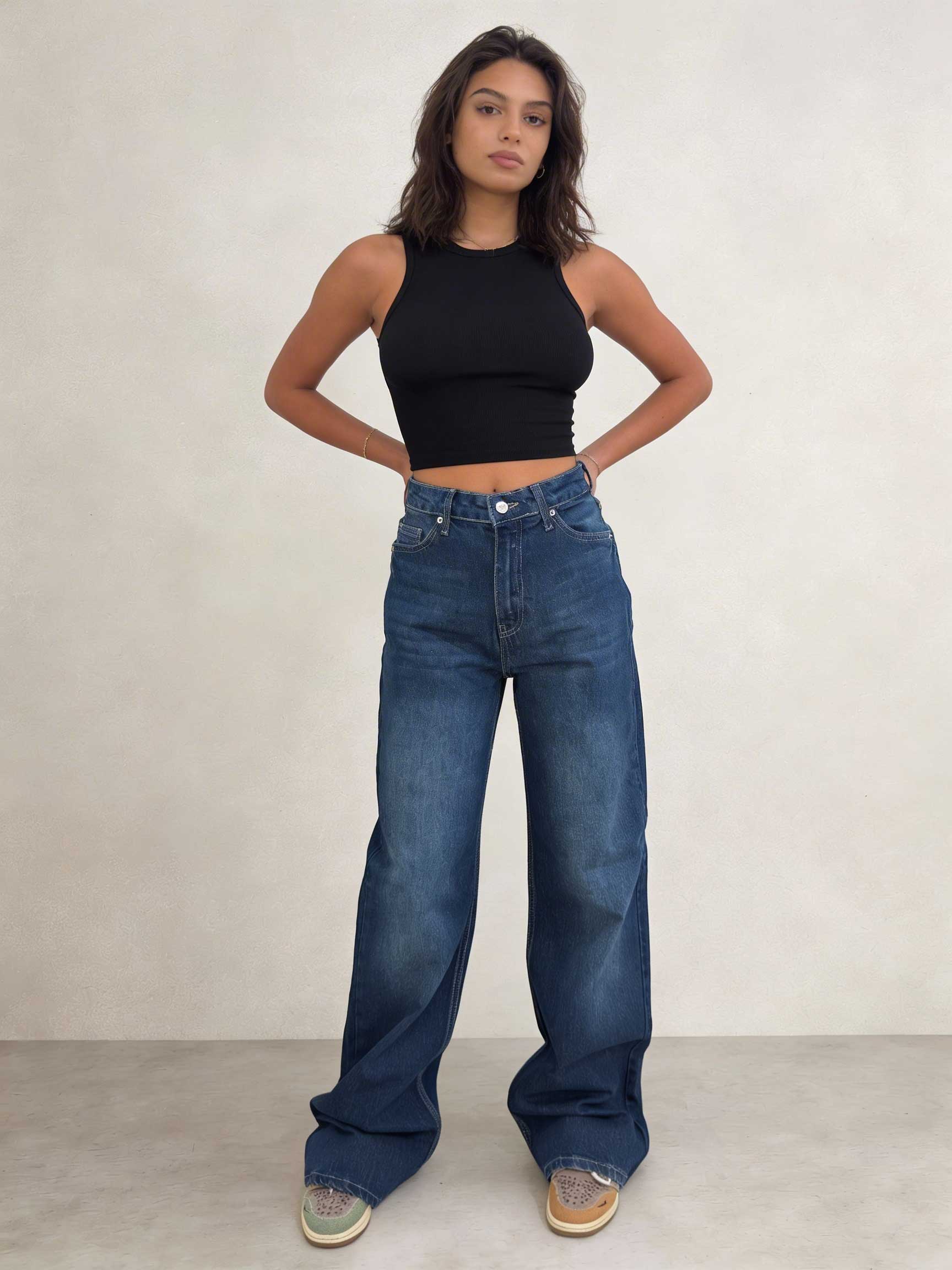 Ultra Comfort Wide leg High waist Deep ocean blue jeans Wide Leg CIZARO - Cizaro Jeans