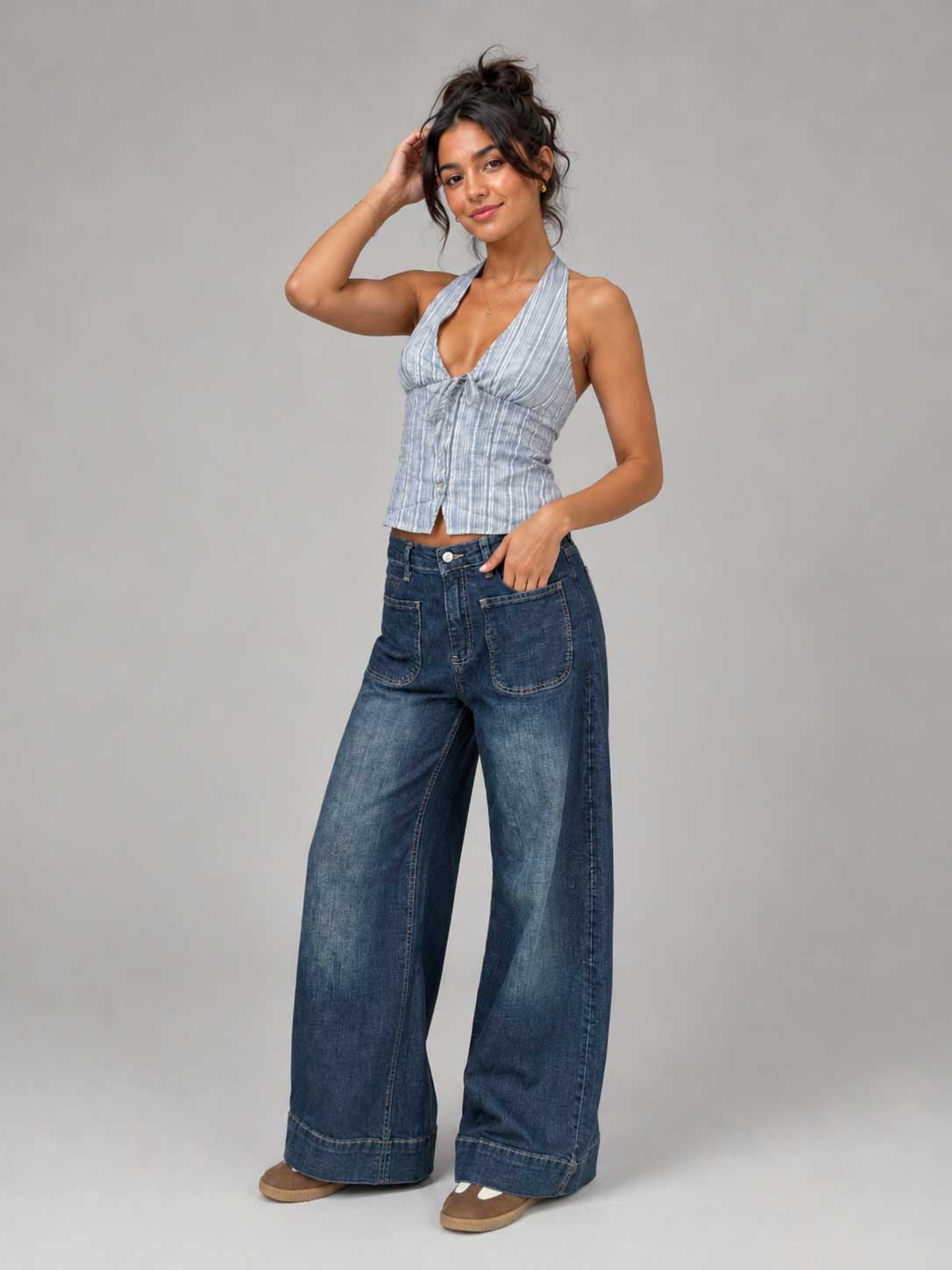 Wide-Leg High-Waist Vintage Blue Jeans with Pockets Wide-Leg CIZARO - Cizaro Jeans