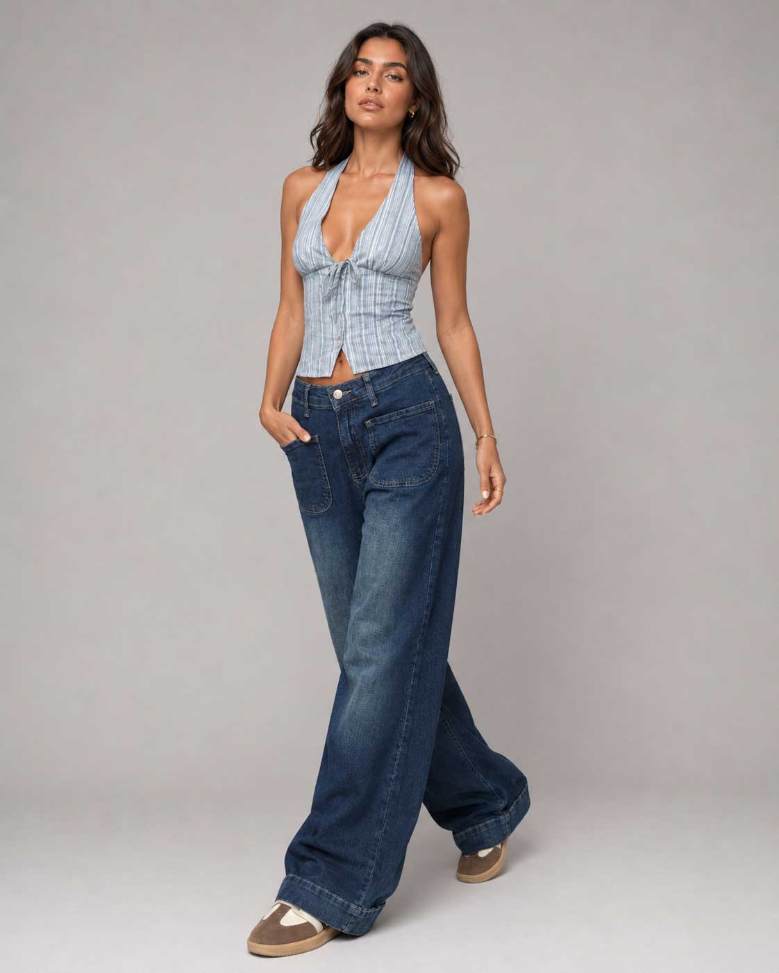 Wide-Leg High-Waist Vintage Blue Jeans with Pockets Wide-Leg CIZARO - Cizaro Jeans