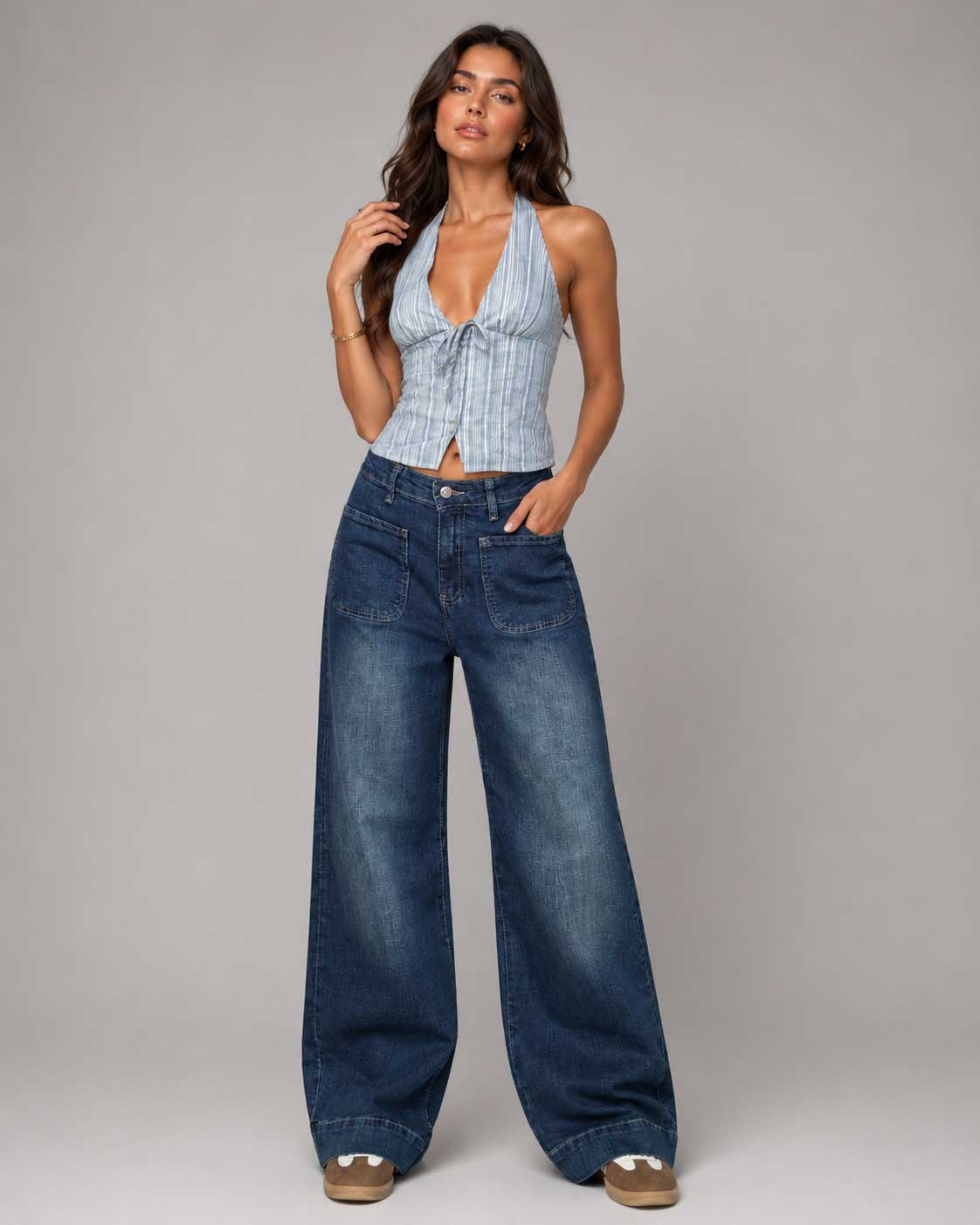 Wide-Leg High-Waist Vintage Blue Jeans with Pockets Wide-Leg CIZARO - Cizaro Jeans