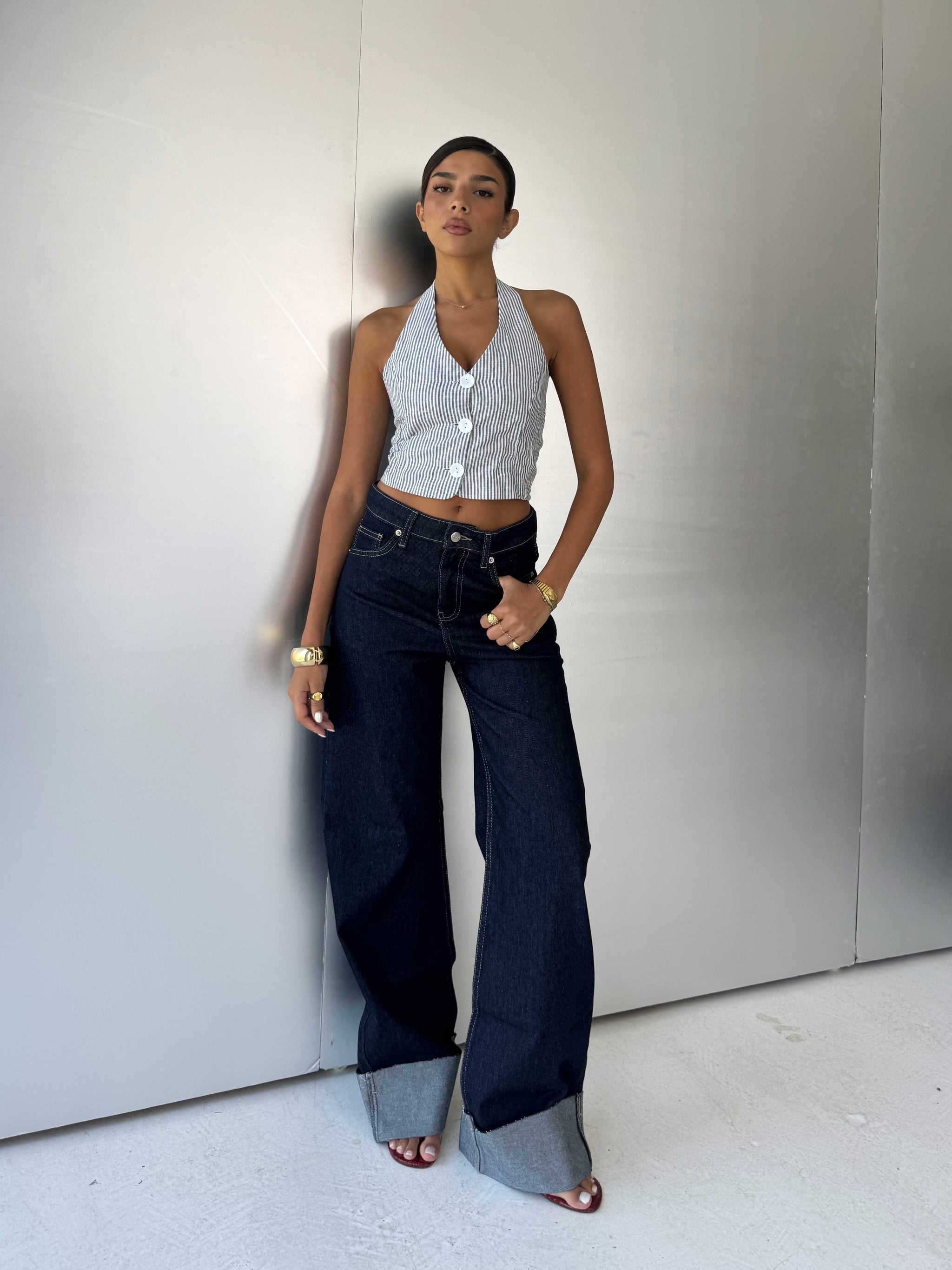 Wide leg High waist Raw Hem turn up Raw denim Wide-Leg CIZARO - Cizaro Jeans