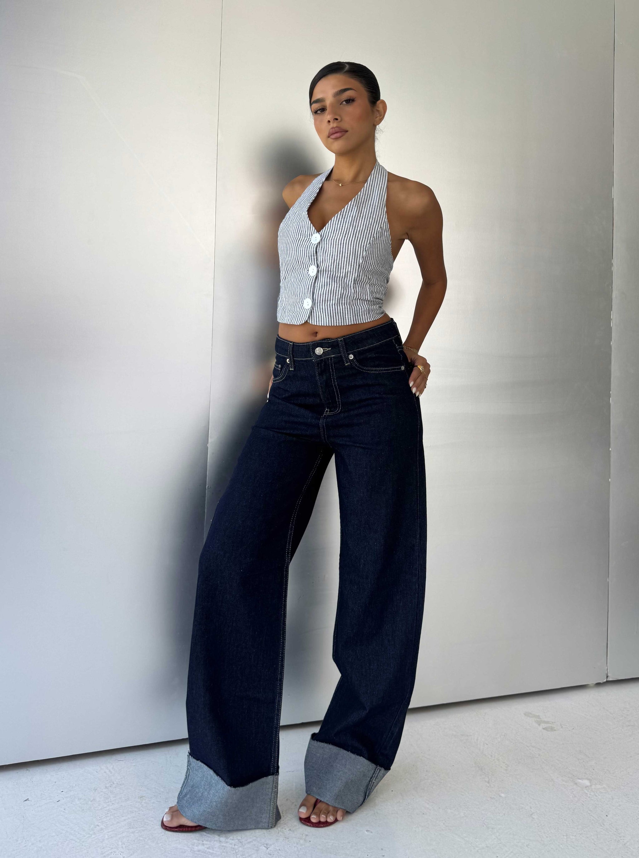 Wide leg High waist Raw Hem turn up Raw denim Wide-Leg CIZARO - Cizaro Jeans