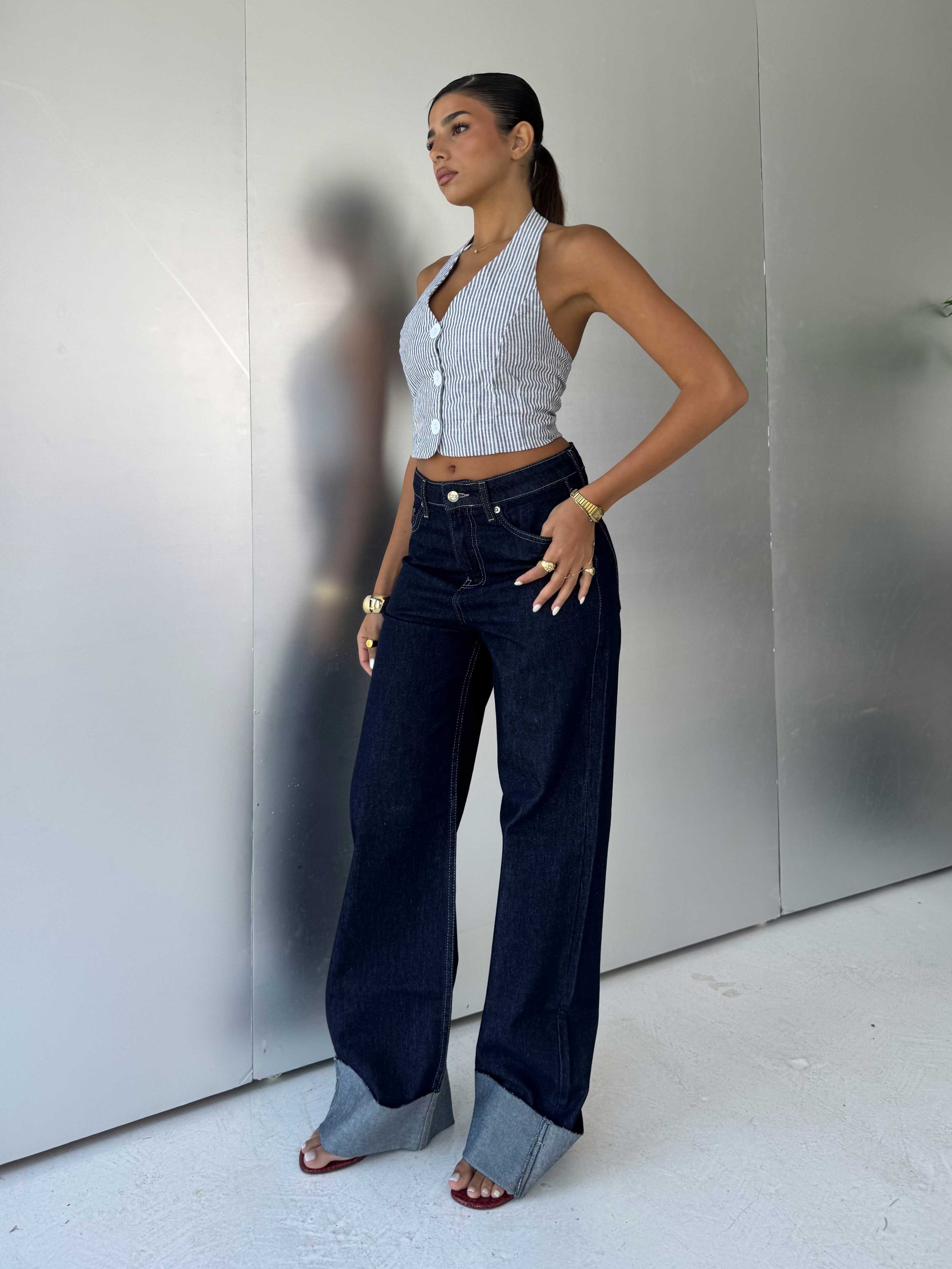 Wide leg High waist Raw Hem turn up Raw denim Wide-Leg CIZARO - Cizaro Jeans