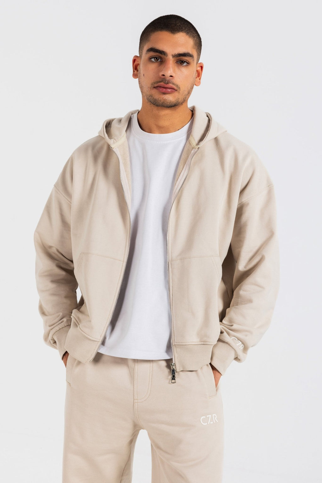 Zip-Up Hoodie – Beige Hoodie-Man CIZARO - Cizaro Jeans