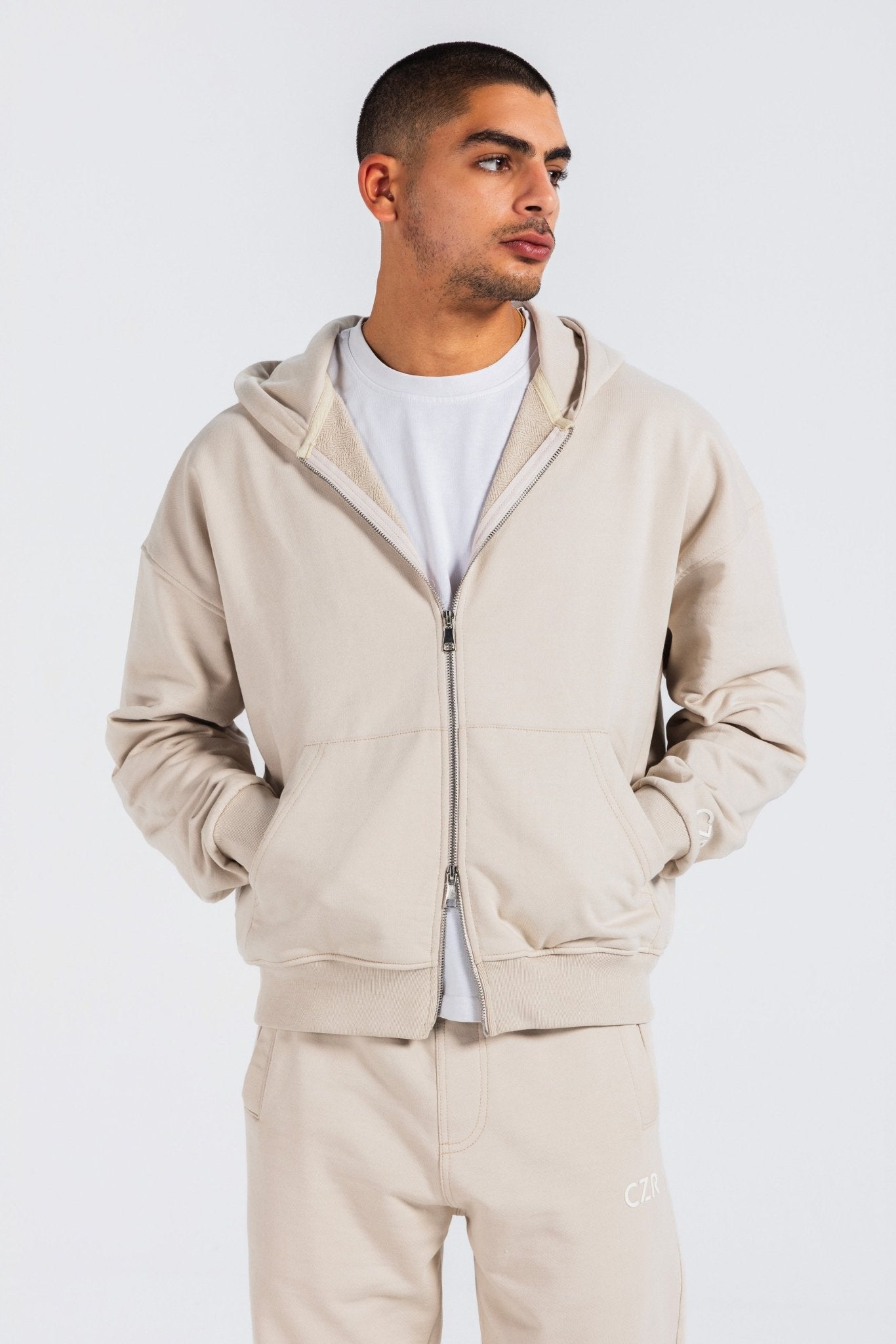 Zip-Up Hoodie – Beige Hoodie-Man CIZARO - Cizaro Jeans