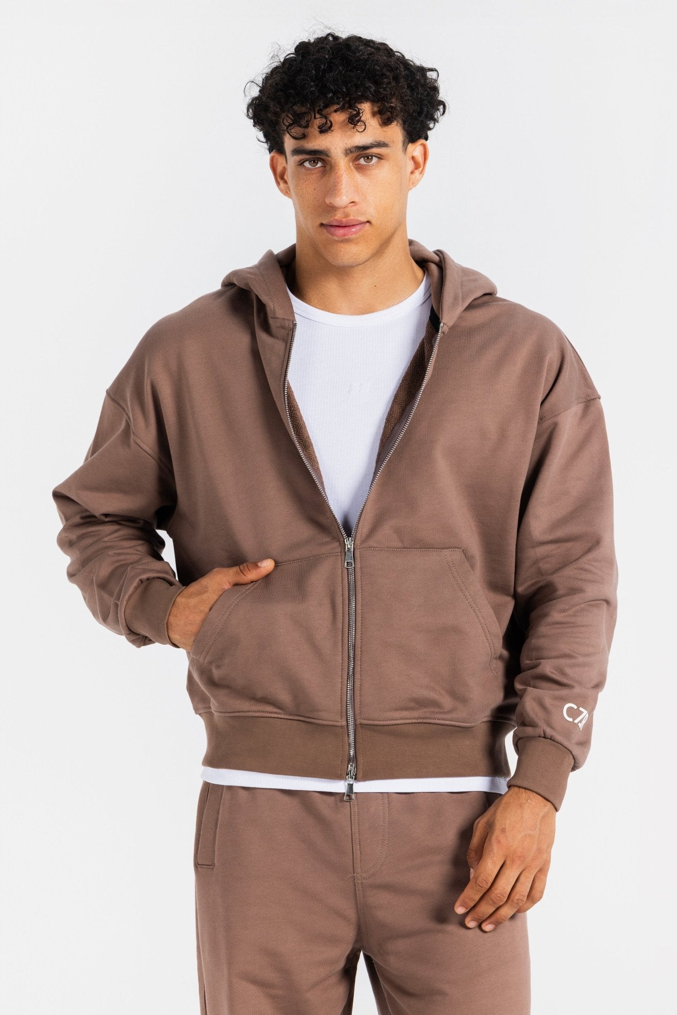 Zip-Up Hoodie – Stone Brown Hoodie-Man CIZARO - Cizaro Jeans