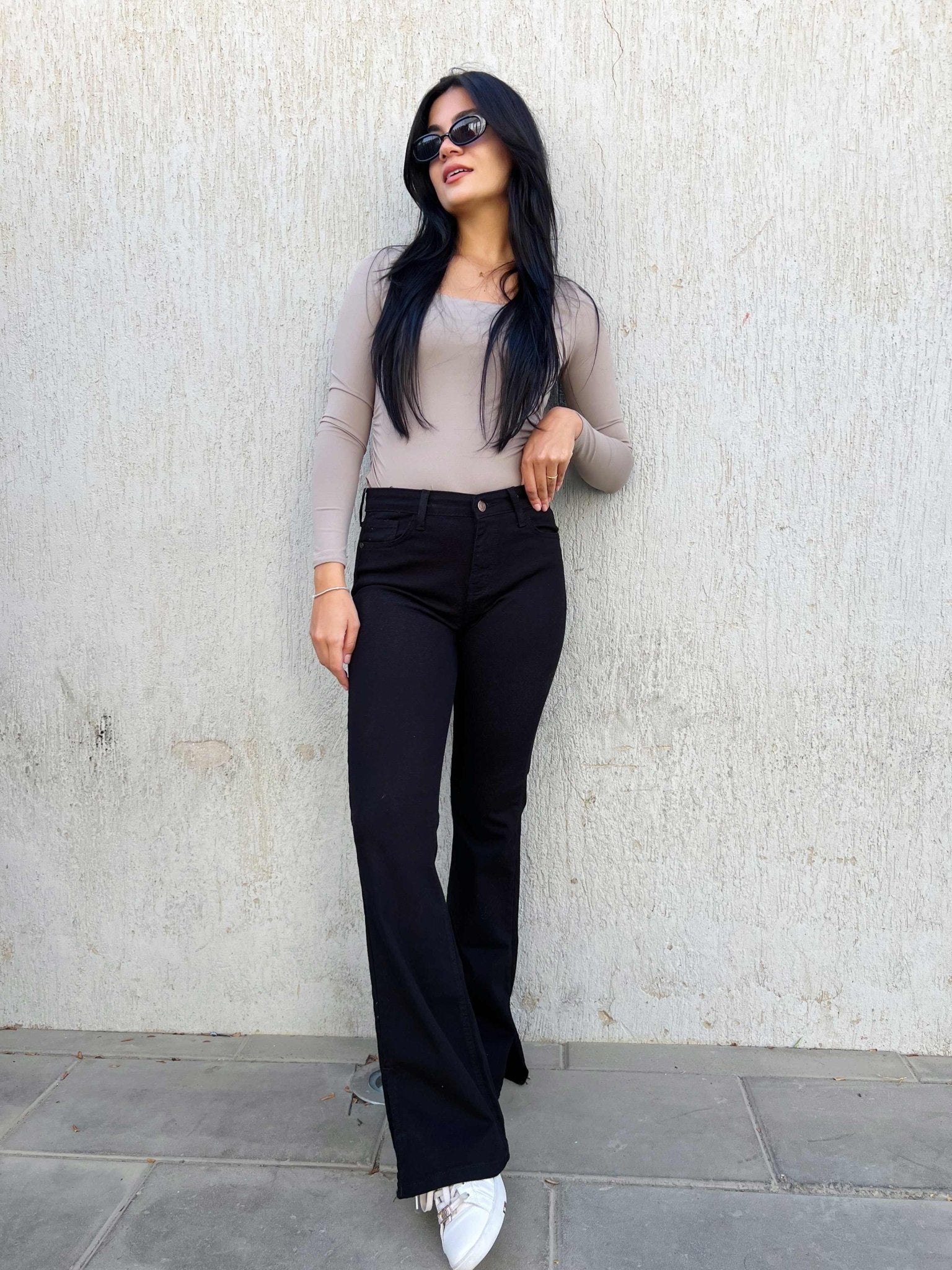 Black Split Hem Flare Jeans Flare CIZARO - Cizaro Jeans