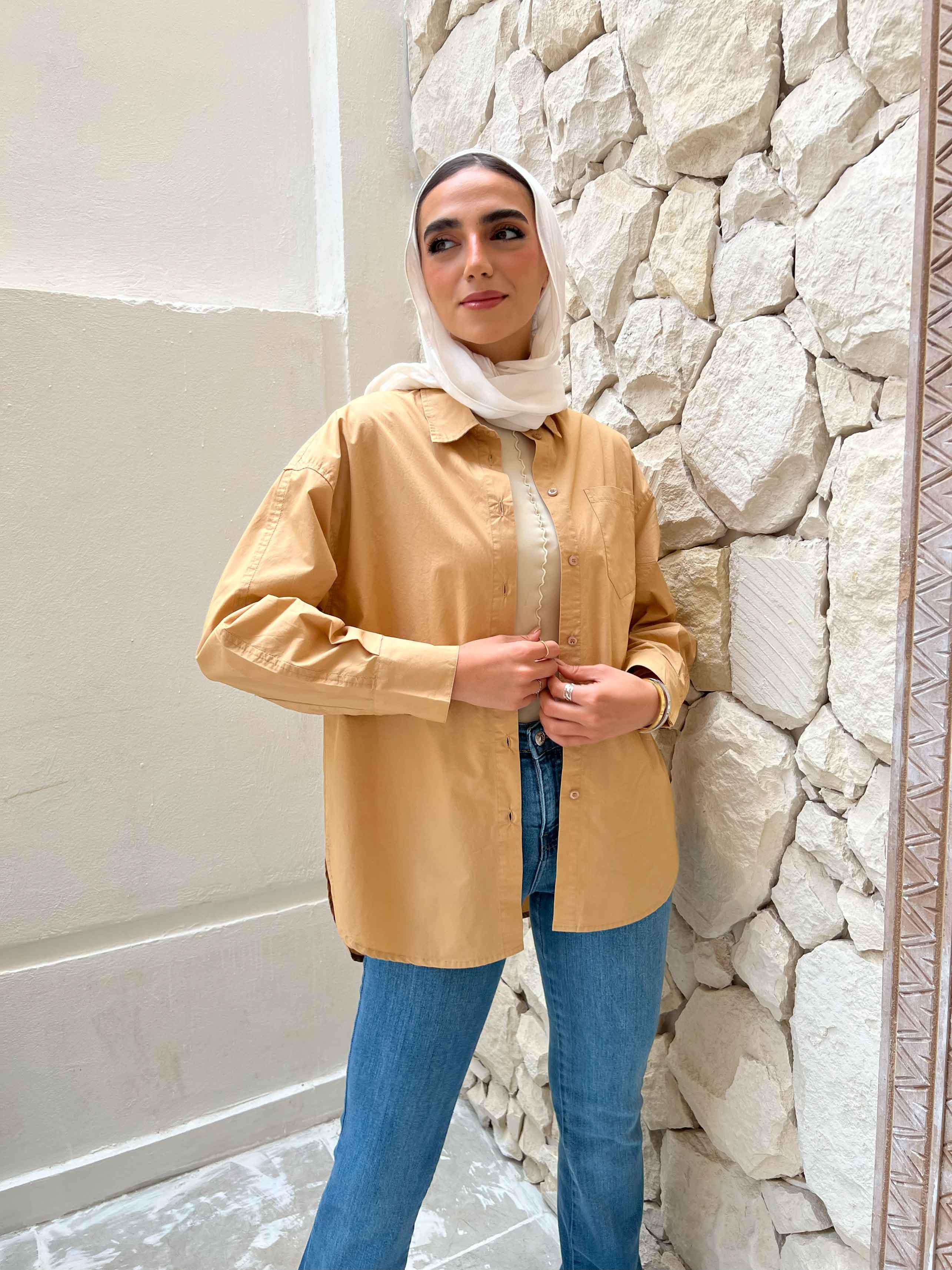 Oversized Beige Cotton Shirt. New Line CIZARO    - Cizaro Jeans