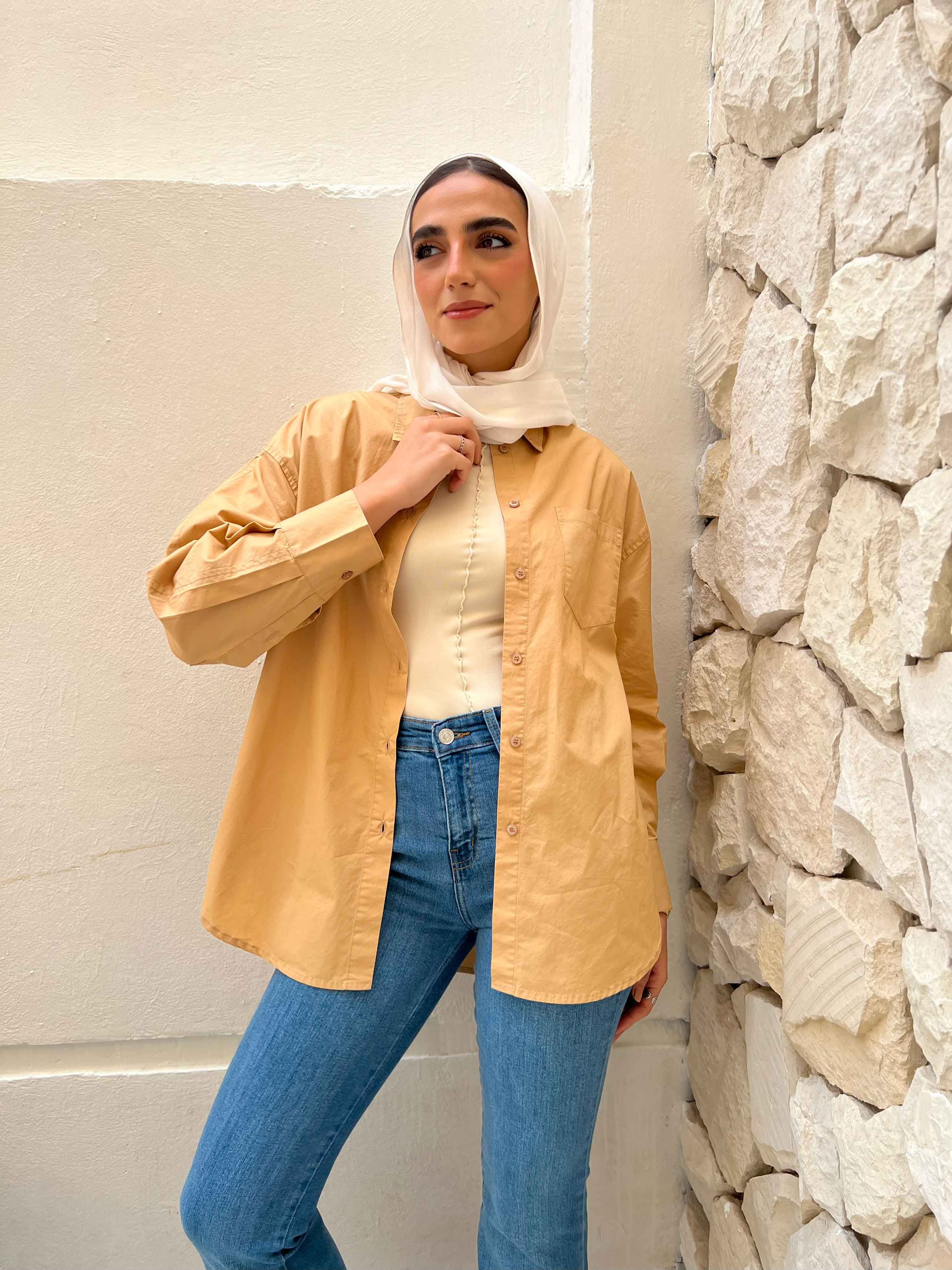 Oversized Beige Cotton Shirt. New Line CIZARO    - Cizaro Jeans