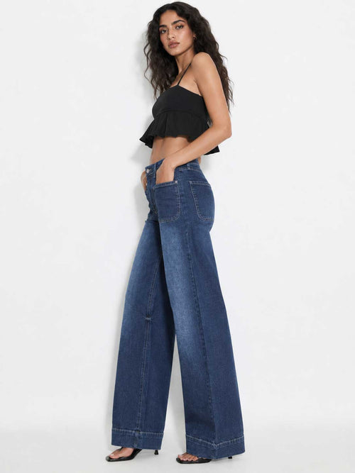 Patch Pocket Wide-Leg – High-Waist Vintage Blue Jeans